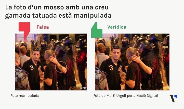 Aquesta foto viral d’un mosso a plaça Artós ha estat manipulada per posar-li una creu gamada al braç