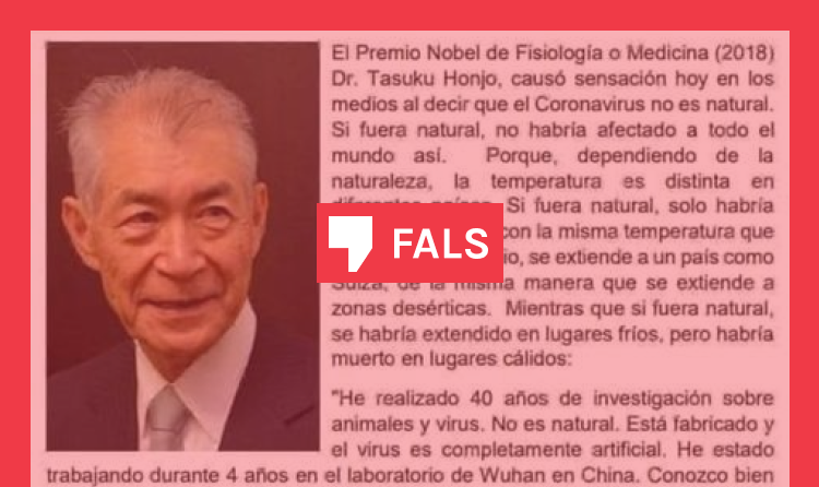 El premio Nobel Tasuku Honjo no ha dicho que el coronavirus no es natural
