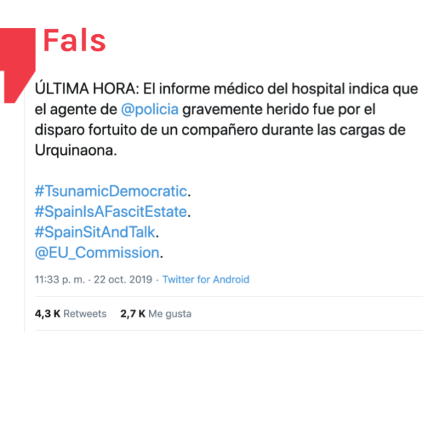 Salut: És fals que l’informe mèdic digui que el policia hagi estat greument ferit pel tret d’un company