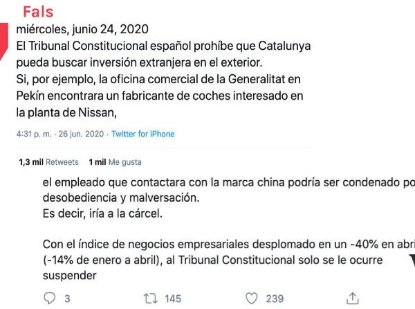 És fals que el Constitucional hagi prohibit a la Generalitat buscar inversió a l’exterior
