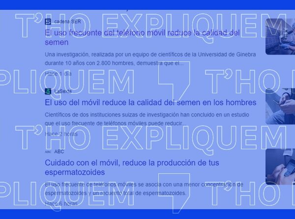 Captura de pantalla amb filtre T'ho expliquem dels titulars de tres notícies que asseguren que l'ús del mòbil fa empitjorar la qualitat de l'esperma.