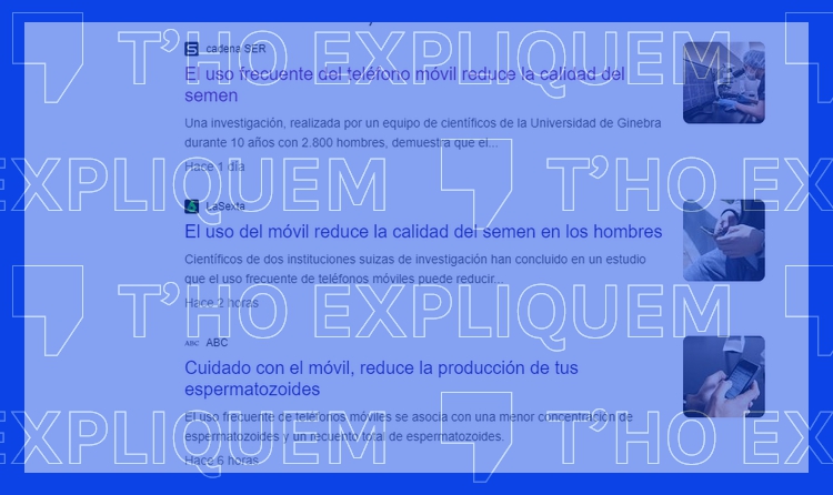 Captura de pantalla amb filtre T'ho expliquem dels titulars de tres notícies que asseguren que l'ús del mòbil fa empitjorar la qualitat de l'esperma.